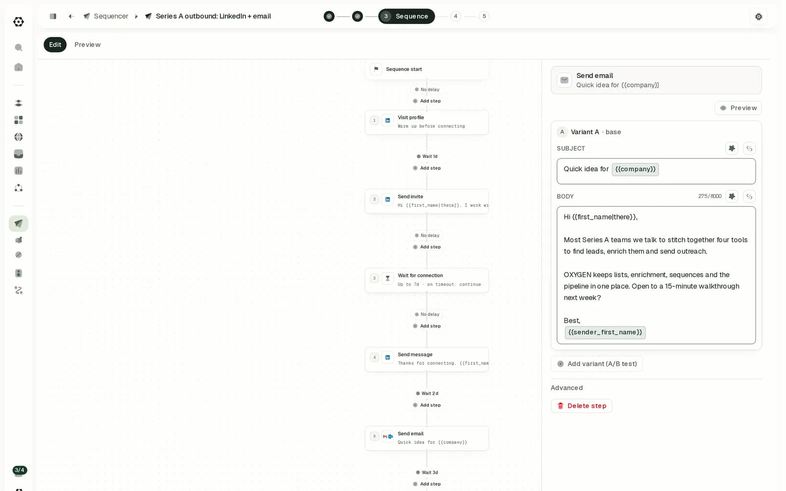 An Oxygen sequence that visits a LinkedIn profile, sends an invite, waits for the connection, sends a message and then an email