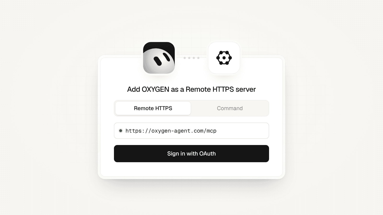 A connect card with the Grok Bot mark linked to the OXYGEN mark: Remote HTTPS, https://getoxygenagent.com/mcp, and Sign in with OAuth.
